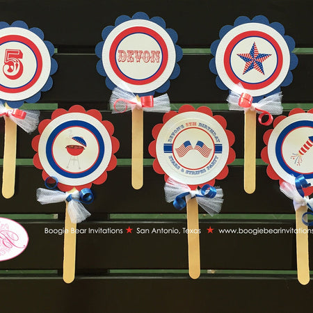 4th of July Birthday Party Cupcake Toppers Boy Girl Fireworks Patriotic Flag Independence Day Boogie Bear Invitations Devon Theme Printed