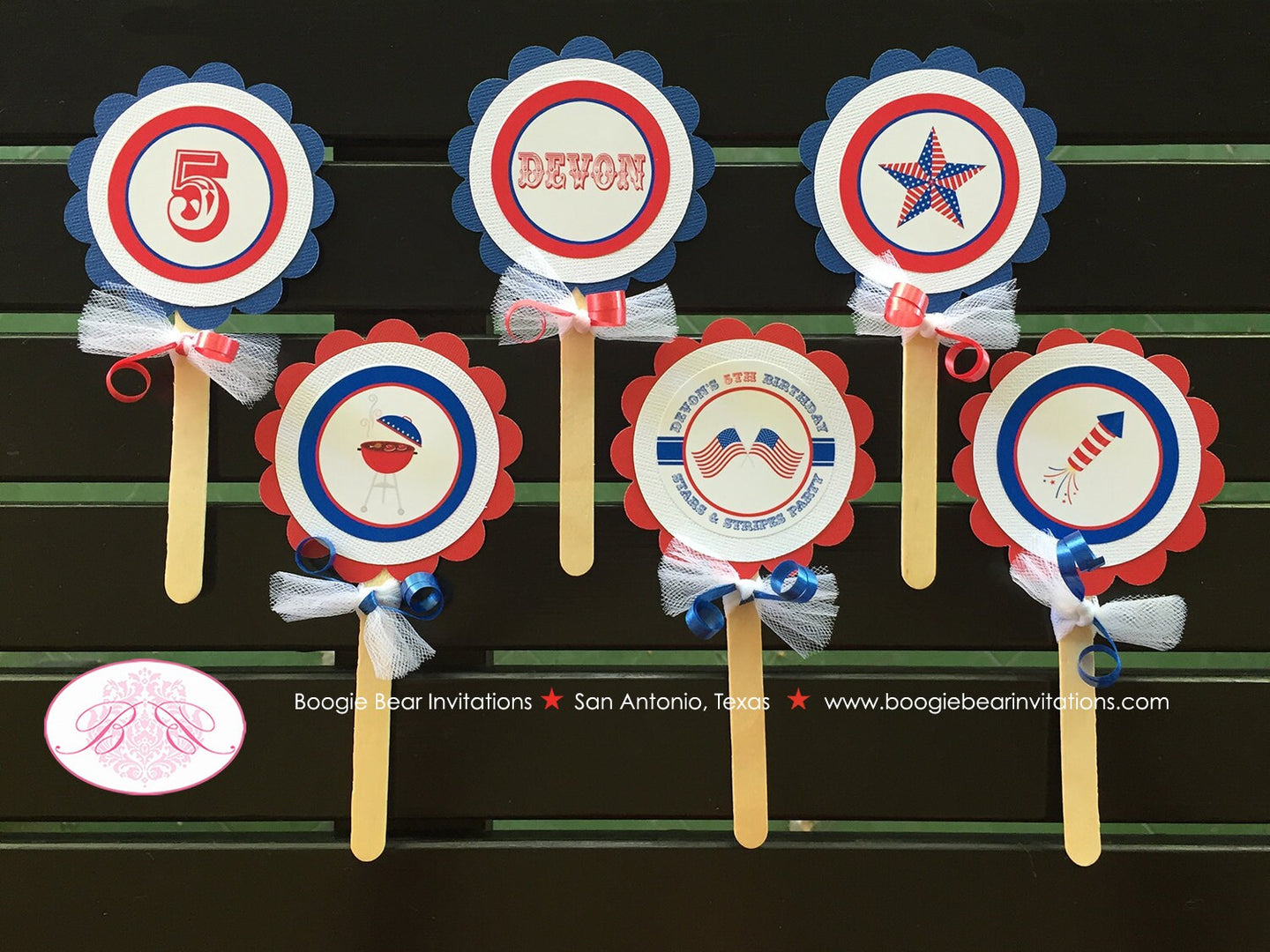 4th of July Birthday Party Cupcake Toppers Boy Girl Fireworks Patriotic Flag Independence Day Boogie Bear Invitations Devon Theme Printed