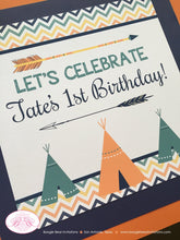 Load image into Gallery viewer, Teepee Arrow Birthday Party Door Banner Chevron Pow Wow Indian Orange Navy Blue Yellow Wild One Boy Girl Boogie Bear Invitations Tate Theme