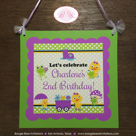 Frog Duck Spring Birthday Party Door Banner Garden Girl Purple Green Flower April Showers Boots Wagon Boogie Bear Invitations Charlene Theme