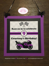 Load image into Gallery viewer, Purple Motorcycle Party Door Banner Birthday Black Motocross Enduro Retro Bike Racing Checkered Flag Boogie Bear Invitations Courtney Theme
