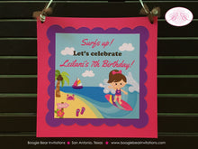 Load image into Gallery viewer, Surfer Girl Birthday Party Door Banner Beach Pink Purple Swim Swimming Ocean Pool Surf Island Surfing Boogie Bear Invitations Leilani Theme