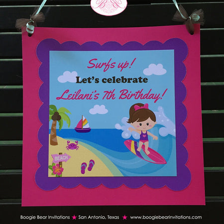 Surfer Girl Birthday Party Door Banner Beach Pink Purple Swim Swimming Ocean Pool Surf Island Surfing Boogie Bear Invitations Leilani Theme