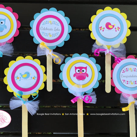 Woodland Birds Owl Cupcake Toppers Baby Shower Pink Blue Yellow Flower Garden Boy Girl Gender Neutral Boogie Bear Invitations Lola Theme