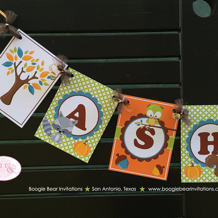 Fall Woodland Animals Party Name Banner Birthday Boy Girl Owl Fox Autumn Orange Pumpkin Forest Creatures Boogie Bear Invitations Asher Theme