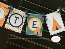 Load image into Gallery viewer, Teepee Arrow Birthday Party Name Banner Chevron Retro Orange Green Yellow Girl Boy Camping Tipi Indian Boogie Bear Invitations Tate Theme