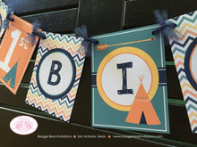Load image into Gallery viewer, Teepee Arrow Happy Birthday Party Banner Chevron Orange Navy Blue Green Yellow Boy Girl Camping Tipi Boogie Bear Invitations Tate Theme