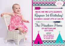 Load image into Gallery viewer, Pink Teepee Arrow Birthday Party Invitation Photo Girl Chevron 1st 2nd 3rd Boogie Bear Invitations Rayna Theme Paperless Printable Printed