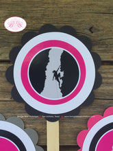 Load image into Gallery viewer, Pink Rock Climbing Party Cupcake Toppers Birthday Black Mountain Girl Cavern Spelunking Boogie Bear Invitations Jessica Theme