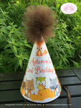 Load image into Gallery viewer, Fall Woodland Animals Birthday Party Hat Girl Boy Owl Squirrel Fox Forest Orange Pumpkin Harvest Boogie Bear Invitations Autumn Rae Theme