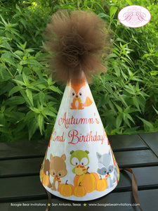 Fall Woodland Animals Birthday Party Hat Girl Boy Owl Squirrel Fox Forest Orange Pumpkin Harvest Boogie Bear Invitations Autumn Rae Theme