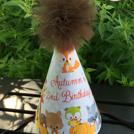 Fall Woodland Animals Birthday Party Hat Girl Boy Owl Squirrel Fox Forest Orange Pumpkin Harvest Boogie Bear Invitations Autumn Rae Theme