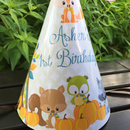 Fall Woodland Animals Birthday Party Hat Girl Boy Owl Squirrel Fox Forest Orange Pumpkin Autumn Harvest Boogie Bear Invitations Asher Theme