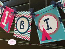 Load image into Gallery viewer, Pink Teepee Arrow Happy Birthday Banner Party Chevron Navy Blue Aqua Turquoise Grey Girl Tipi Pow Wow Boogie Bear Invitations Rayna Theme