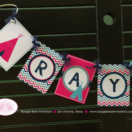 Pink Teepee Arrow Party Name Banner Birthday Chevron Navy Blue Aqua Turquoise Girl Pow Wow Tribe Indian Boogie Bear Invitations Rayna Theme