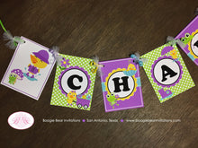Load image into Gallery viewer, Frog Duck Birthday Party Name Banner Purple Girl Spring Flower Gardening Green Pond Puddle Splash Kid Boogie Bear Invitations Charlene Theme