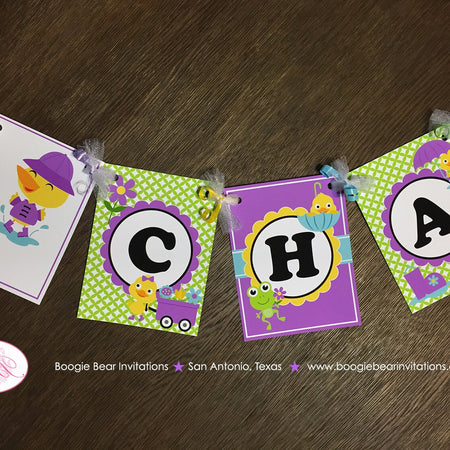 Frog Duck Birthday Party Name Banner Purple Girl Spring Flower Gardening Green Pond Puddle Splash Kid Boogie Bear Invitations Charlene Theme