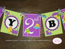 Load image into Gallery viewer, Frog Duck Happy Birthday Party Banner Girl Purple Spring Flower Gardening Green Garden Rain Showers Boogie Bear Invitations Charlene Theme