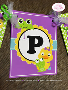 Frog Duck Happy Birthday Party Banner Girl Purple Spring Flower Gardening Green Garden Rain Showers Boogie Bear Invitations Charlene Theme