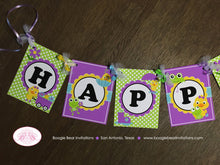 Load image into Gallery viewer, Frog Duck Happy Birthday Party Banner Girl Purple Spring Flower Gardening Green Garden Rain Showers Boogie Bear Invitations Charlene Theme