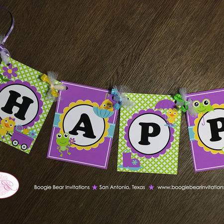 Frog Duck Happy Birthday Party Banner Girl Purple Spring Flower Gardening Green Garden Rain Showers Boogie Bear Invitations Charlene Theme