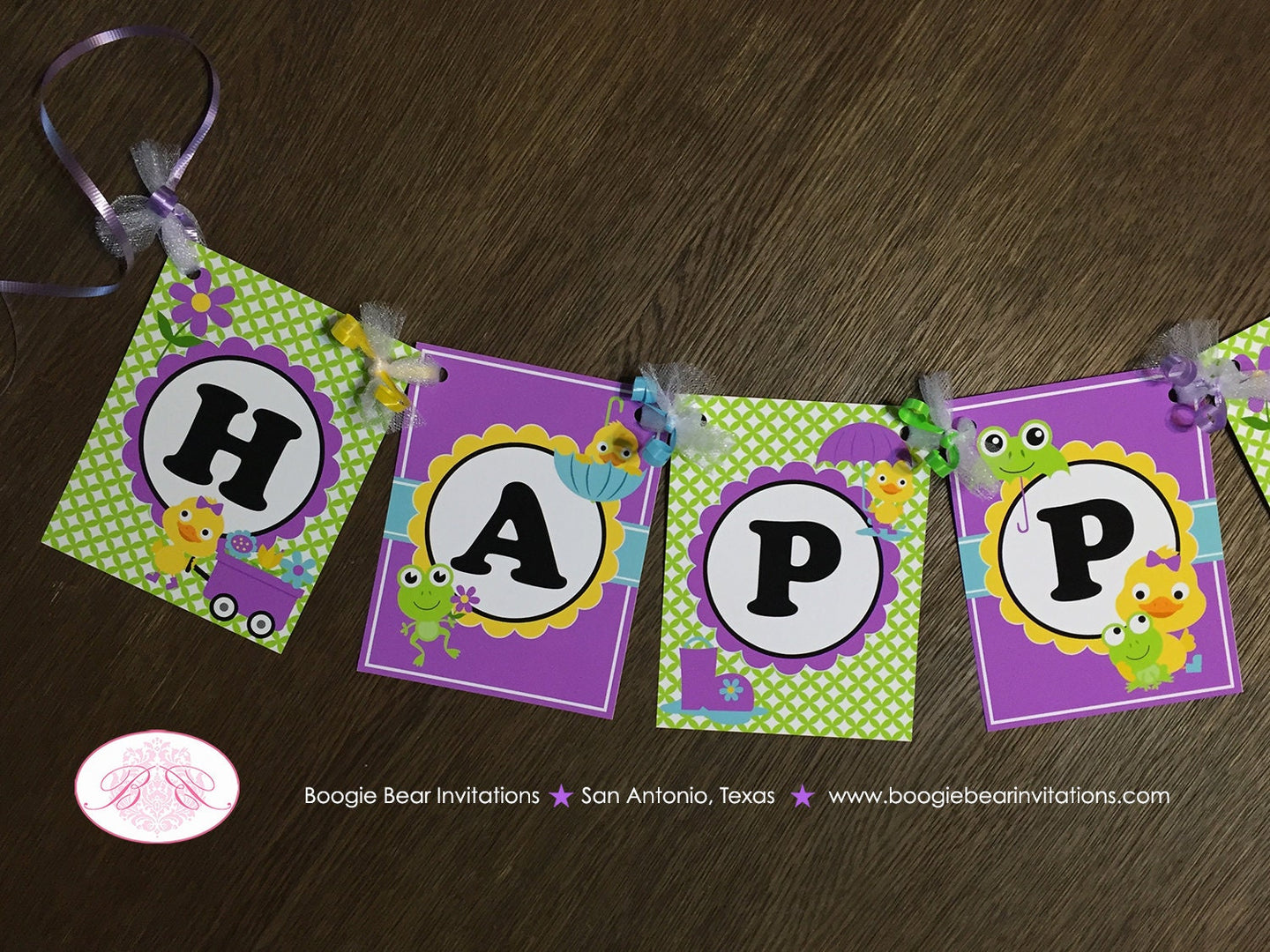 Frog Duck Happy Birthday Party Banner Girl Purple Spring Flower Gardening Green Garden Rain Showers Boogie Bear Invitations Charlene Theme