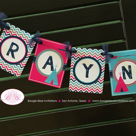 Pink Teepee Arrow Small Birthday Party Banner Chevron Girl Navy Blue Aqua Turquoise Grey 1st 2nd 3rd 4th Boogie Bear Invitations Rayna Theme