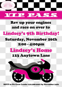 Pink Motorcycle Party Invitation Birthday Girl Enduro Motocross Racing Rack Track Boogie Bear Lindsey Theme Paperless Printable Printed