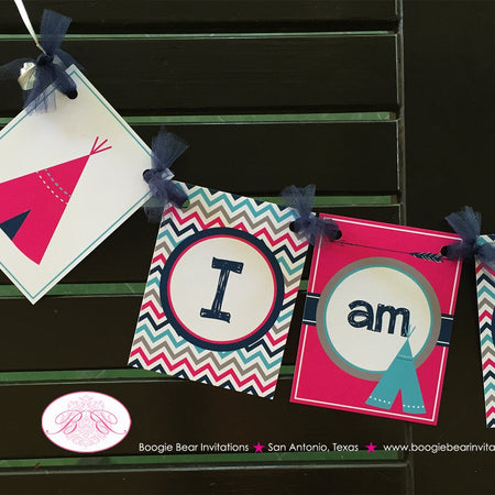 Pink Teepee Arrow I am 1 Highchair Banner Birthday Party Chevron Navy Blue Aqua Turquoise Grey Girl 1st Boogie Bear Invitations Rayna Theme