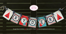 Load image into Gallery viewer, Teepee Arrow Party Name Banner Birthday Chevron Red Navy Blue Aqua Turquoise Girl Boy 1st 2nd 3rd 4th Boogie Bear Invitations Ryder Theme