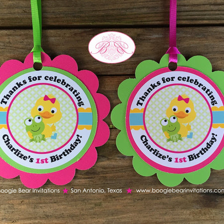 Frog Duck Birthday Party Favor Tags Spring Flower Gardening Girl Pink Green Yellow Pond Chick Boots Boogie Bear Invitation Charlize Theme
