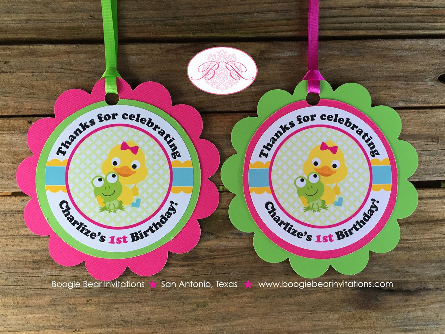 Frog Duck Birthday Party Favor Tags Spring Flower Gardening Girl Pink Green Yellow Pond Chick Boots Boogie Bear Invitation Charlize Theme