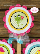 Load image into Gallery viewer, Frog Duck Birthday Party Cupcake Toppers Pink Girl Spring Flower Gardening Green Wagon Umbrella Rain Boogie Bear Invitations Charlize Theme