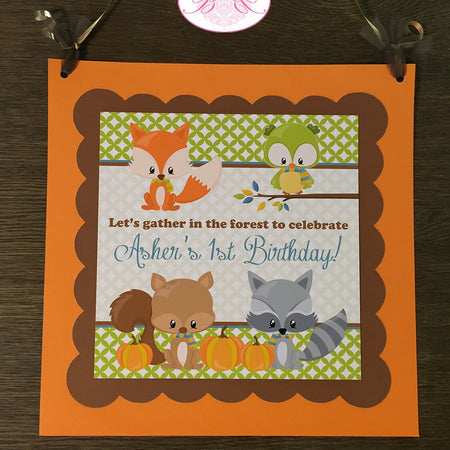Fall Woodland Animals Birthday Party Door Banner Fox Bird Owl Pumpkin Squirrel Autumn Forest Creatures Boogie Bear Invitations Asher Theme