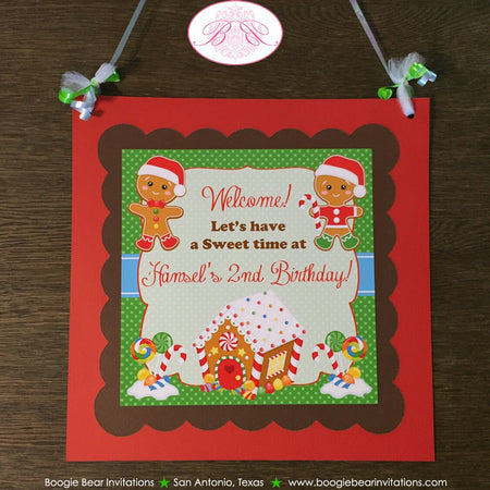 Gingerbread Boy Party Door Banner Birthday Red Green Lollipop Snowflake Candy Snow Ginger Bread House Boogie Bear Invitations Hansel Theme