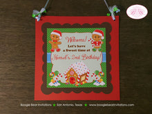 Load image into Gallery viewer, Gingerbread Boy Party Door Banner Birthday Red Green Lollipop Snowflake Candy Snow Ginger Bread House Boogie Bear Invitations Hansel Theme