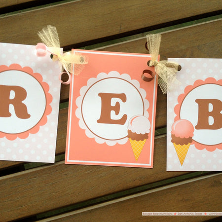 Ice Cream Birthday Party Name Age Banner Small Summer Pink Orange Girl 1st 2nd 3rd 4th 5th 6th 7th 8th Boogie Bear Invitations Rebecca Theme