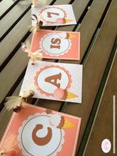 Load image into Gallery viewer, Ice Cream Birthday Party Name Age Banner Small Summer Pink Orange Girl 1st 2nd 3rd 4th 5th 6th 7th 8th Boogie Bear Invitations Rebecca Theme