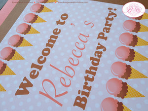 Ice Cream Birthday Party Door Banner Happy Summer Girl Pink Brown Vintage Retro Sweet Polka Dot Scoop Boogie Bear Invitations Rebecca Theme