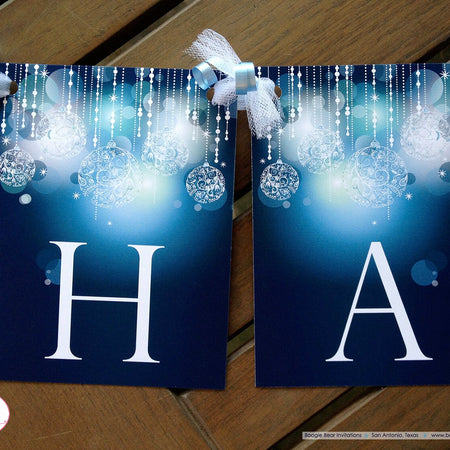 Blue Glowing Ornaments Party Banner Birthday Happy Girl Christmas Sweet 16 Winter Formal Elegant Dance Boogie Bear Invitations Krista Theme