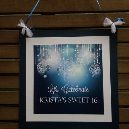 Blue Glowing Ornaments Door Banner Birthday Party Sweet 16 Happy Winter Christmas Holiday Formal Dinner Boogie Bear Invitations Krista Theme