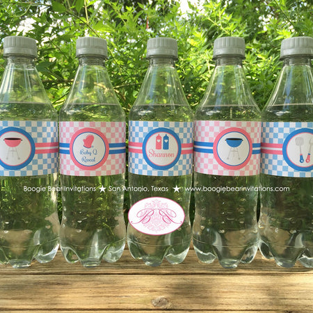 BBQ Reveal Baby Shower Bottle Wraps Wrappers Cover Label Grill Q Pink Blue Boy Girl Barbecue Party 1st Boogie Bear Invitations Shannon Theme