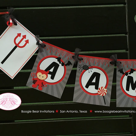 Little Devil Birthday Party Name Banner Red Halloween Black Bat Spider Dracula Boogie Bear Invitations Aamon Theme