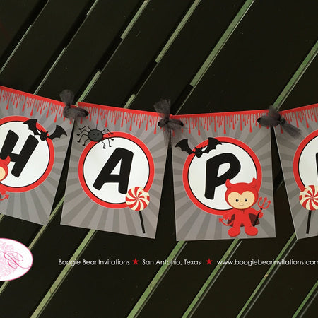 Little Devil Happy Birthday Party Banner Red Halloween Black Spider Bat Dracula Boogie Bear Invitations Aamon Theme