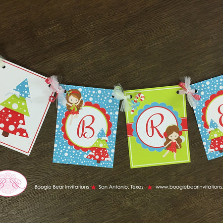Christmas Fairy Birthday Name Banner Party Girl Winter Red Green Blue Snow Snowflake Forest Candy Cane Boogie Bear Invitations Breena Theme