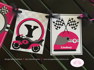 Pink Motorcycle Party Name Banner Birthday Driver Racing Black Girl Enduro Motocross Racing Race Track Boogie Bear Invitations Lindsey Theme