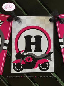 Pink Motorcycle Happy Birthday Party Banner Girl Black Grey Race Enduro Motocross Racing Race Track Boogie Bear Invitations Lindsey Theme