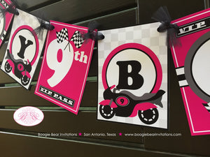 Pink Motorcycle Happy Birthday Party Banner Girl Black Grey Race Enduro Motocross Racing Race Track Boogie Bear Invitations Lindsey Theme
