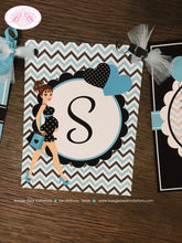 Load image into Gallery viewer, Aqua Blue Black Baby Shower Name Banner Party Modern Chic Boy Girl Teal Turquoise Chevron Dot Boogie Bear Invitations Vanessa Theme Printed