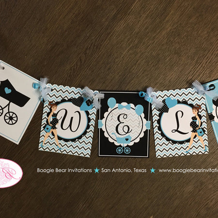 Aqua Blue Black Welcome Baby Shower Banner Modern Chic Boy Girl Teal Turquoise Chevron Dot Boogie Bear Invitations Vanessa Theme Printed